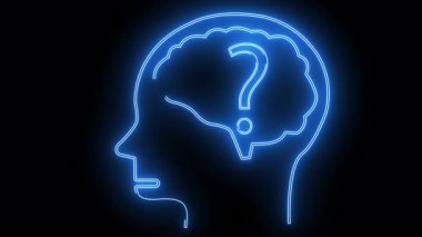 Üzerinde soru işareti olan bir beynin neon mavisi çizgisi siyah bir arkaplanda gösterilir