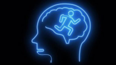 Çalışan şekilli mavi neon kafa profili beyin hatları