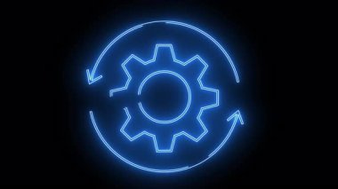 A blue neon gear encircled by a circular arrow on a black background