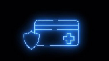 A blue neon outline shows a credit card with a medical cross next to a shield all on a black backdrop