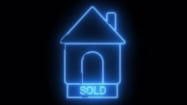A glowing blue neon house icon with a SOLD sign against a black backdrop