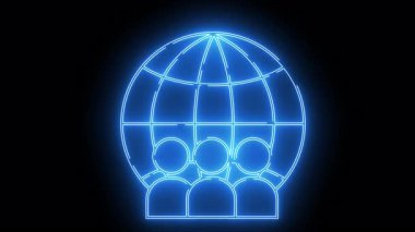 A neon blue icon depicts a globe above three figures outlined against a black background