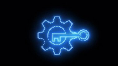 Blue glowing cogwheel with key on black background