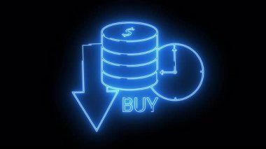 Glowing blue neon coin stack  down arrow clock  BUY on black