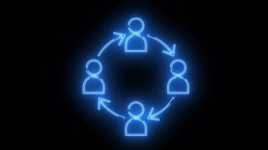 Glowing blue neon outline of four people connected in a circle by arrows on a black background
