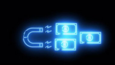 Neon money magnet a blue magnet attracts two dollar bills leading to a single one on a black background