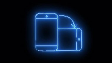 Two blue neon phone outlines one portrait one landscape with an arrow to show screen rotation