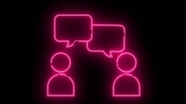 Two figures with speech bubbles above all in pink neon against a black background
