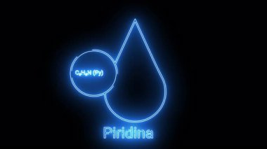 Luminous blue diagram features Piridina text chemical notation and a connected teardrop shape against a black backdrop