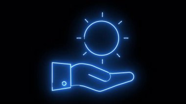 A blue neon hand holding a shining sun against a black background