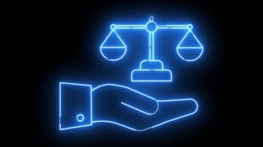 A blue neon outline of a hand holding scales of justice against a black background