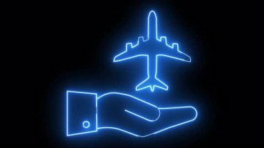 A blue neonlike outline of a hand holding an airplane on a black background