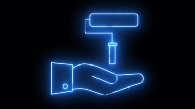 A glowing blue outline drawing features a hand holding a paint roller against a black backdrop