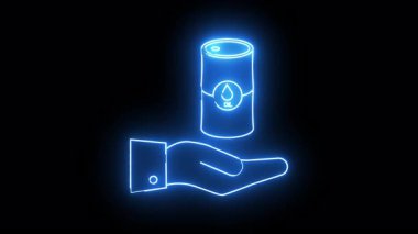 A neon blue oil barrel floats above a hand on a black backdrop