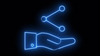 A neon blue outline of a hand holding a symbol of linked circles on a black background