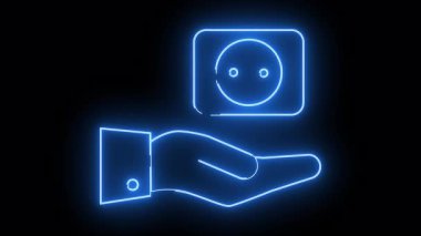 A neon blue outline of a hand holding an electrical outlet on a black background