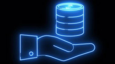 A neon blue outline shows a stack of coins held in an open hand against a stark black backdrop