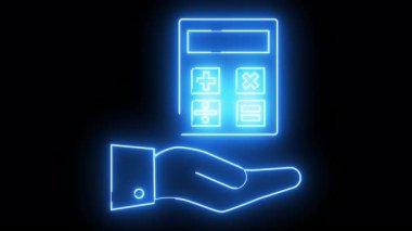 A neonblue outline image showing a hand holding a calculator in a dark background