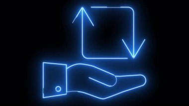 Blue neon design with a hand and a square box with up and down arrows