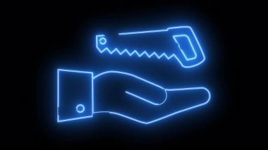 Blue neon hand offers a saw against black