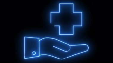 Blue neon outline of a hand holding a medical cross against a black background