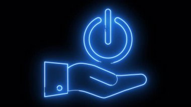 Blue neon outline of a hand holding a power symbol on a black background