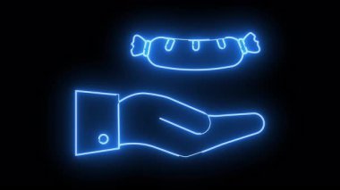 Blue neon outline of a hand presenting a sausage on a black background