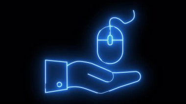 Glowing blue lines depict a hand holding a computer mouse against a solid black background