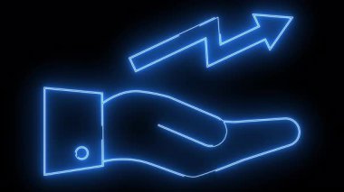 Glowing blue hand holds a zigzagging arrow pointing upwards against a stark black backdrop