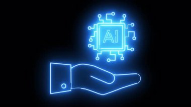 Glowing blue neon design shows hand holding AI chip on a black background