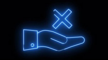 Glowing blue neon outline of a hand holding an X symbol against a black background