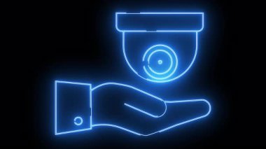 Glowing blue neon style graphic of a hand presenting a security camera against a black background