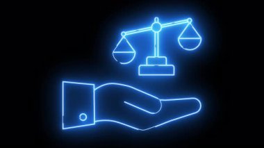 Glowing blue outline of a hand holding scales of justice against a black background