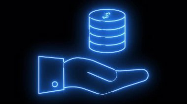 Glowing blue outline of a hand under a stack of coins against a black background