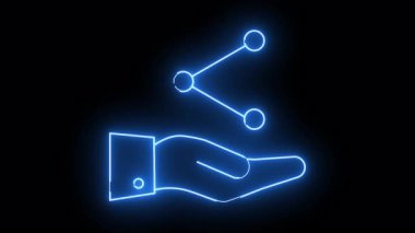 Neon blue hand with suit sleeve holds connected circles on black backdrop