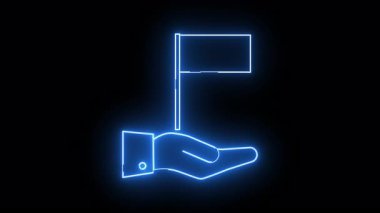 Neon blue outline drawing of a hand holding a flag against black background