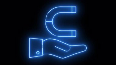 Neon blue outline of a hand holding a magnet against a black background