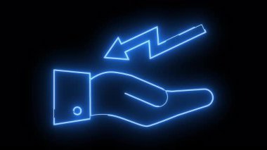 Neon blue outline of a hand in business attire holding a zigzagging arrow pointing left on a black background