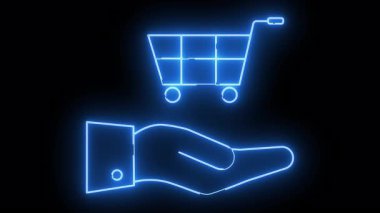 Neon blue shopping cart hovering over a hand against a black background