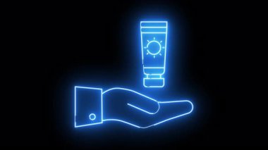 Neon outline hand offering sunscreen Black background