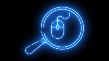 A blue neon design of a mouse under a magnifying glass against a black background