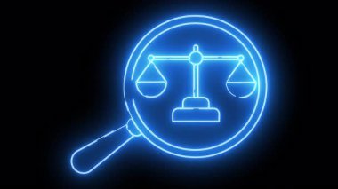 A glowing blue outline of a magnifying glass reveals the scales of justice on a black background