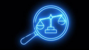 A neon blue scale of justice is shown through a magnifying glass on a black background
