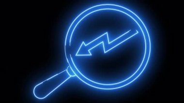 Blue neon magnifying glass with lightning bolt inside against black background