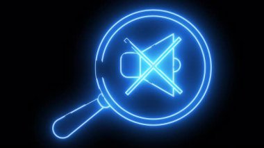 Blue neonlit mute symbol under magnifying glass on a black background