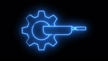 A gear icon crossed by a pan outline both illuminated with neon blue against a solid black backdrop