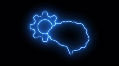 A neonblue brain silhouette intersects with a gear icon on a black background