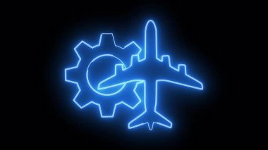 Blue neon outlines a gear and an airplane on a black background