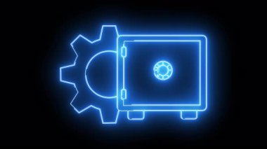 Neon blue outline of a safe with a gear