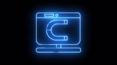 A blue neon computer monitor displays a Ushaped magnet against a black background